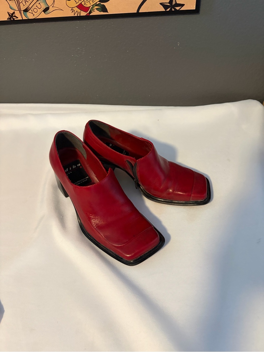 Vintage Diba Made in USA Red Leather Square-Toe Low Block Heels